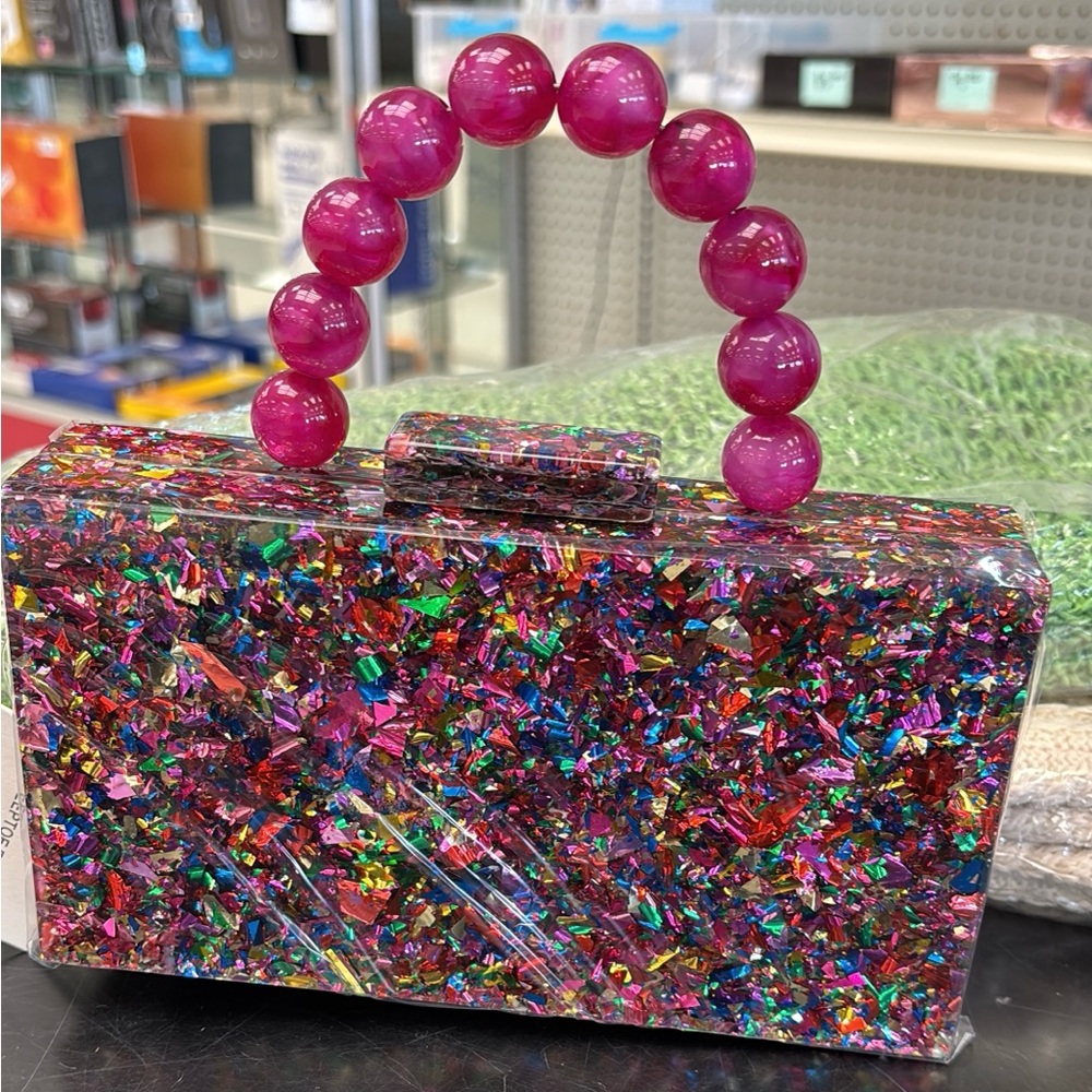 Multicolor Clutch with Pink Handle